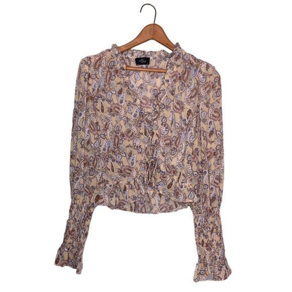 Milk & Honey S Brown Ruffle Open Front Lace Up Smocked Sleeve Festival Crop Top‎